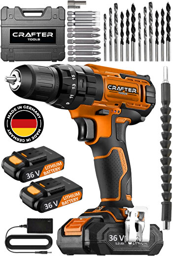CRAFTERTOOLS 36V 5Ah Darbeli Şarjlı Matkap Seti Çelik Şanzuman Çift Bataryalı Akülü Vidalama 24 Parça Setli