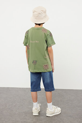 TRENDYOLKIDS Khaki Boy's Cotton T-Shirt and Jean Trousers Set - Palm Pattern, Top and Bottom Set Tkdss24Au00003