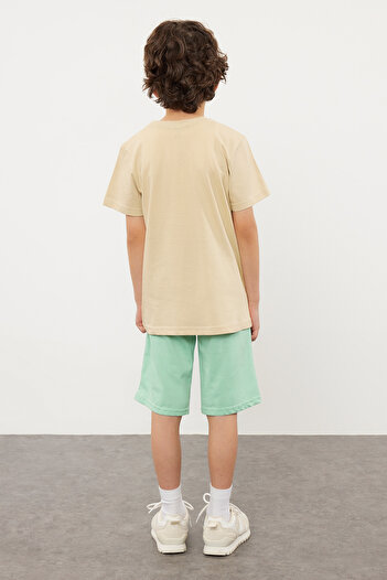 TRENDYOLKIDS Mint Male Child Cotton Slogan Pattern T-Shirt Shorts Set Knitted Top-Down Set Tkdss24Au00030