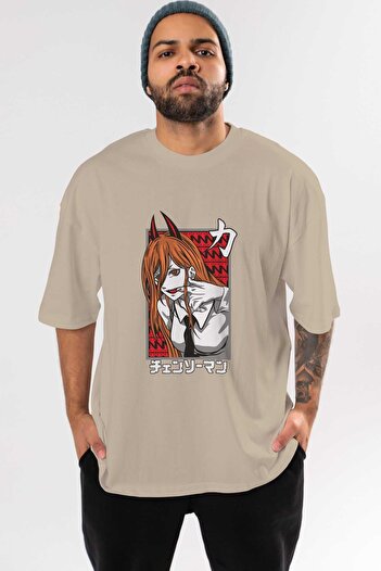 Ankhises CHAINSAWMAN POWER Anime Μπροστινό εμπριμέ μπεζ μπλουζάκι Oversize Ανδρικό Γυναικείο