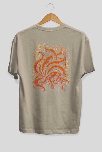 Ankhises NARUTO KYUUBI Anime Pattern - Μπεζ, 100% βαμβάκι, υπερμεγέθη ανδρικό γυναικείο μπλουζάκι