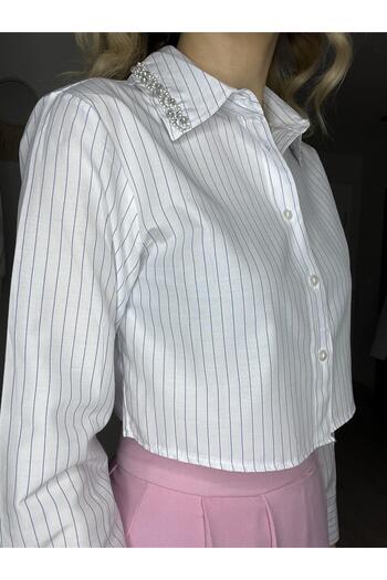 Hotfashion Yakası Taşlı Çizgili Gömlek