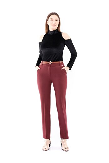 Guzella Claret Red Maxi Length Classic Slim Fit Belted Trousers
