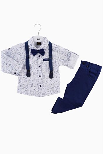 dinamik çocuk Boy's 4-Piece Set with Long Sleeve Patterned Shirt, Bow Tie and Suspender Trousers