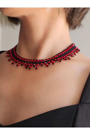 Eva Takı Ethnic Bohemian Sand Crystal Bead Handmade Red Cluster Necklace