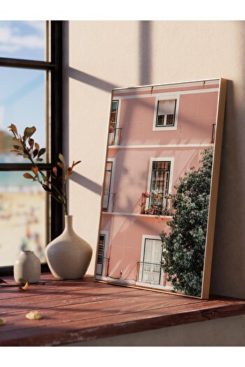 Postifull Unframed Poster, Summer Themed Painting No:233, Pink Building and Tree Photo, Pink Poster, Vertical
