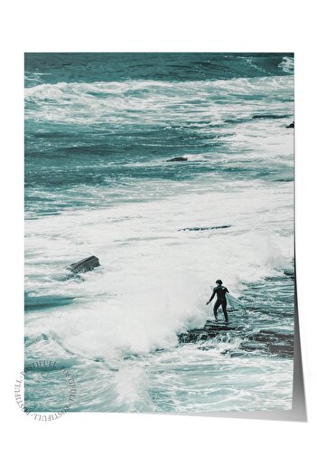 Postifull Frameless Poster, Summer Themed Painting No:250, Sea and Rocks Photo, Blue Poster, Vertical