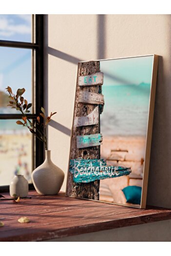 Postifull Frameless Poster, Summer Themed Painting No:203, Beach Direction Sign Photo, Blue Poster, Vertical