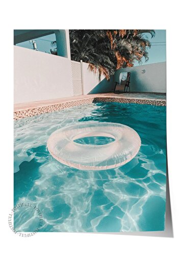 Postifull Frameless Poster, Summer Themed Painting No:198, Pool and Bagel Photo, Blue Poster, Vertical