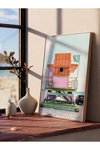 Postifull Frameless Poster, Summer Themed Painting No:229, Colorful Seaside House Photo, Pink Poster, Vertical