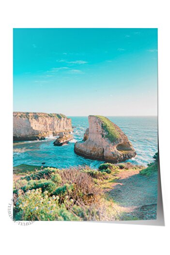 Postifull Frameless Poster, Summer Themed Painting No:245, Rocky and Sea Photo, Turquoise Poster, Vertical
