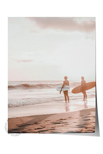 Postifull Frameless Poster, Summer Themed Painting No:222, Surfers and Seaside Photo, Beige Poster, Vertical