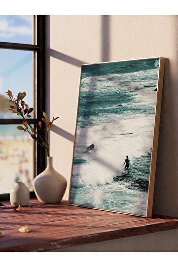 Postifull Frameless Poster, Summer Themed Painting No:250, Sea and Rocks Photo, Blue Poster, Vertical