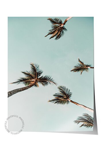 Postifull Frameless Poster, Summer Themed Painting No:214, Flying Palm Trees Photo, Blue Poster, Vertical