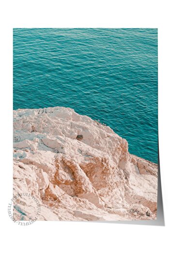 Postifull Frameless Poster, Summer Themed Painting No:200, Rocky and Sea Photo, Green Poster, Vertical