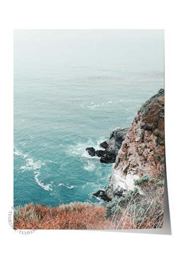 Postifull Frameless Poster, Summer Themed Painting No:252, Sea and Rockery Landscape Photo, Grey Poster, Vertical