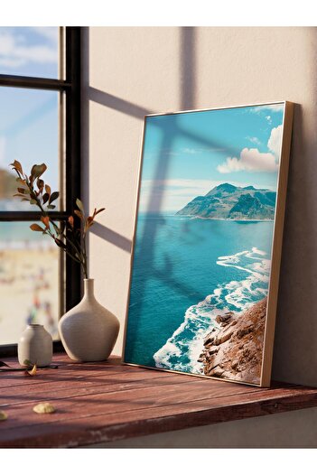 Postifull Frameless Poster, Summer Themed Painting No:170, Cliff and Sea Photo, Blue Poster, Vertical