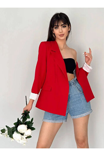 pembekurdelem Red Striped Foldable Sleeve Blazer Jacket - No Button