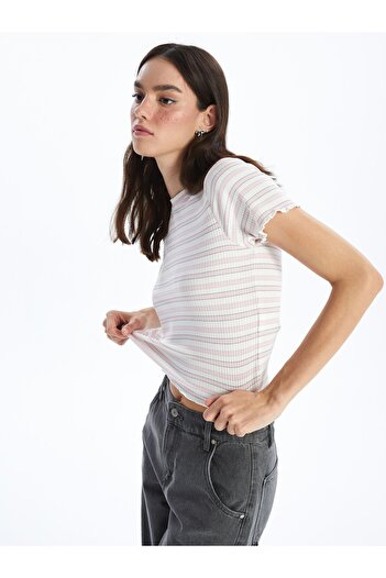 LC Waikiki Crew Neck Striped Short Sleeve Crop Women's T-Shirt