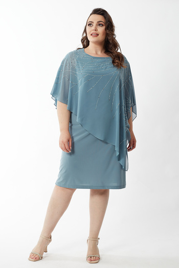 Moda Alba Plus Size Chiffon Caped Jewelled Detailed Flexible Knitted Short Evening Dress