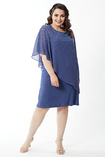 Moda Alba Plus Size Chiffon Caped Jewelled Detailed Flexible Knitted Short Evening Dress