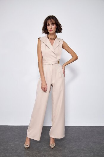 Tuba Butik Double Breasted Collar Beige Women's Jumpsuit