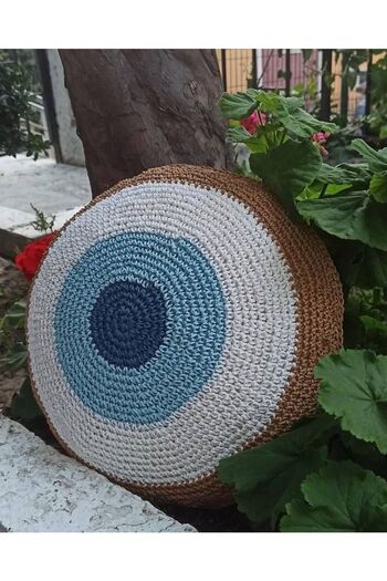 pixiperi Bohemian, Straw Filled Paper String Knitted Brown White Blue Evil Eye Round Decorative Throw Pillow
