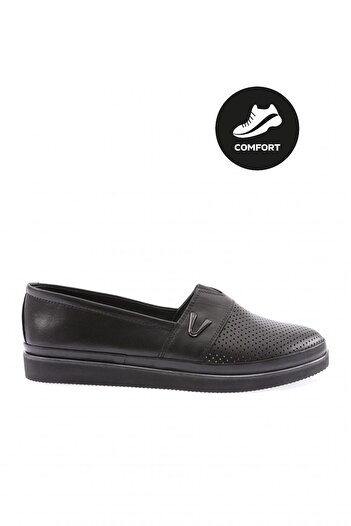 DGN Women's Laser V Buckle Rubber Detailed Comfort Shoes Black Genuine Leather 6463222