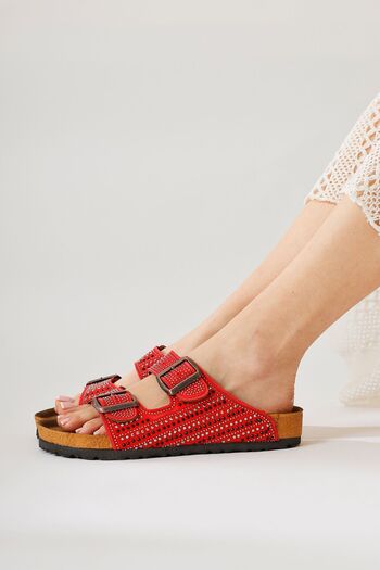 Limoya Genuine Leather Aire Red Double Banded Women's Slippers with Stone Detail