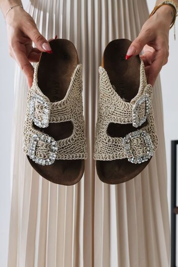 Limoya Ellina Cream, Beige Double Banded Stone Buckle Detailed Knitted Women's Slippers