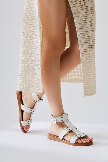 Limoya Genuine Leather Rayen White Three-Striped Rivet Detailed Belt Women's Sandals