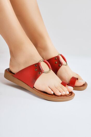 Limoya Genuine Leather Bitania Red Flip Flops Women's Slippers