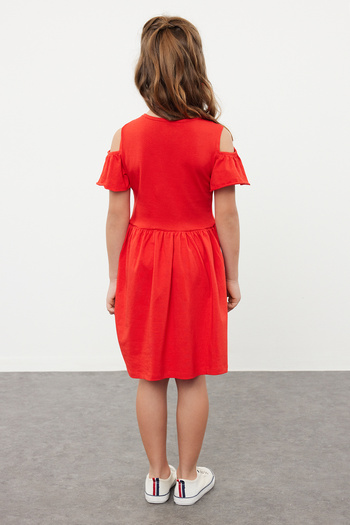 TRENDYOLKIDS Red Female Child Shoulder Cut Out Cotton Short Sleeve Eid Knitted Dress Tkdss24El00003