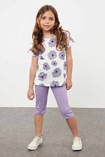 TRENDYOLKIDS Lilac Girl Cotton Flower Printed Patterned T-Shirt-Leggings Knitted Bottom-Top Suit Tkdss24Au00032