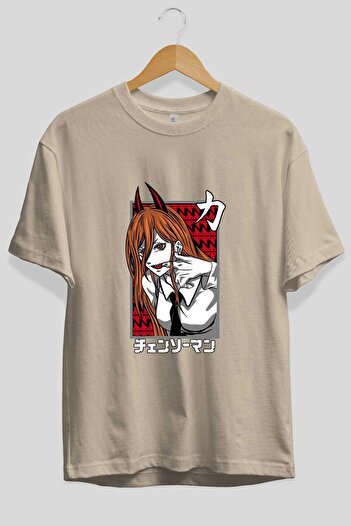 Ankhises CHAINSAWMAN POWER Anime Μπροστινό εμπριμέ μπεζ μπλουζάκι Oversize Ανδρικό Γυναικείο