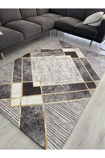 MEKA TEKSTİL Black Gray Gold Stripe Pattern Elastic Velvet Carpet Cover