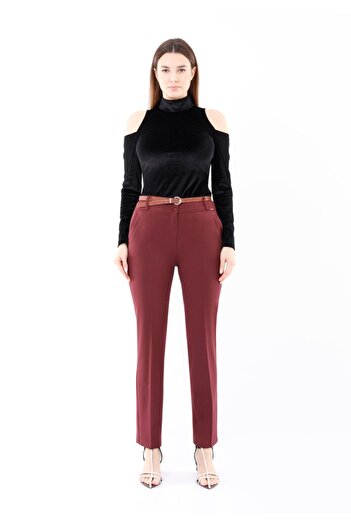 Guzella Claret Red Maxi Length Classic Slim Fit Belted Trousers
