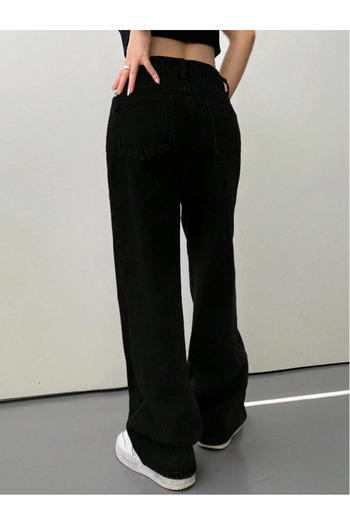 LİMABEL Γυναικείο ψηλόμεσο μαύρο Palazzo Jeans Μαύρο φαρδύ τζιν παντελόνι