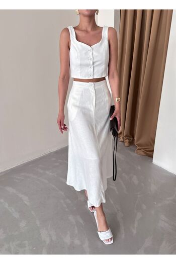 Laluvia 100% Cotton White Linen Vest and Skirt Set