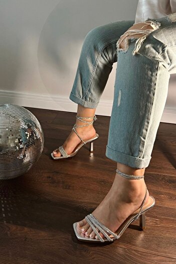 POLKA STORE Women's Shine Stone Trim, Shiny Ankle-Tie Heels, Stylish Evening Dress Shoes