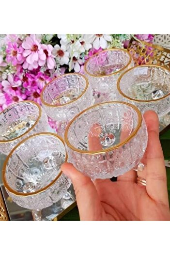 DİBA AVM Standing Luxury Gilded Glass Bowl Snack Bowl Breakfast Presentation Turkish Delight Bowl Sugar Bowl Set of 6 Boxed