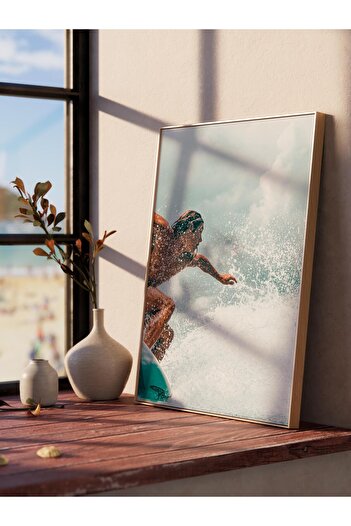 Postifull Frameless Poster, Summer Themed Painting No:225, Surfer and Wave Photo, Blue Poster, Vertical