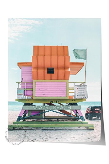 Postifull Frameless Poster, Summer Themed Painting No:229, Colorful Seaside House Photo, Pink Poster, Vertical