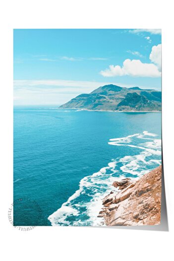 Postifull Frameless Poster, Summer Themed Painting No:170, Cliff and Sea Photo, Blue Poster, Vertical