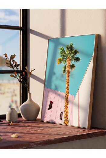 Postifull Frameless Poster, Summer Themed Painting No:248, Palm and Colorful Building Photo, Yellow Poster, Vertical