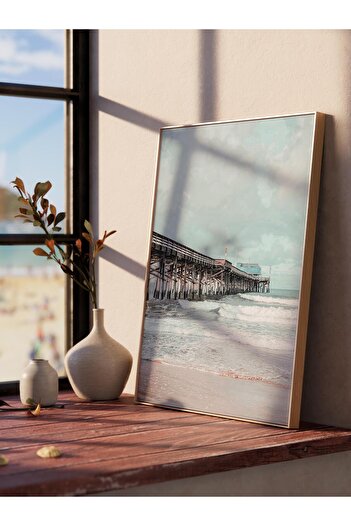 Postifull Unframed Poster, Summer Themed Painting No:188, Sea Photo from Shore and Pier, Brown Vertical