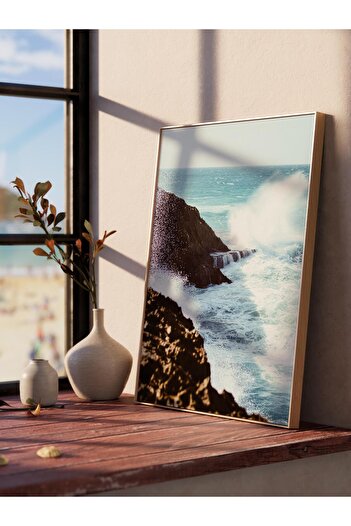 Postifull Frameless Poster, Summer Themed Painting No:253, Great Wave and Rocks Photo, White Poster, Vertical