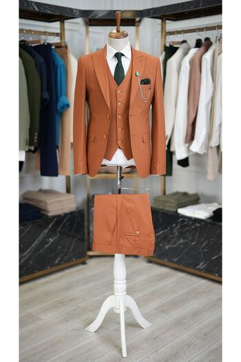 LONATOLİA Men's Cream Slim Fit Suit - Italian Style, Pointed Collar Jacket, Vest, Trousers - xprzcom820-20
