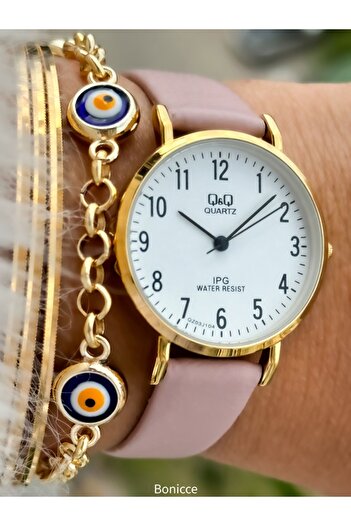Q&Q Retro Brand - Women's Wristwatch Bracelet with Pink Leather Cord, Yellow Case and Numbers