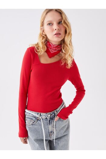 LC Waikiki Xside Vibrant Red Boat Neck Solid Long Sleeve Women's Snap Body